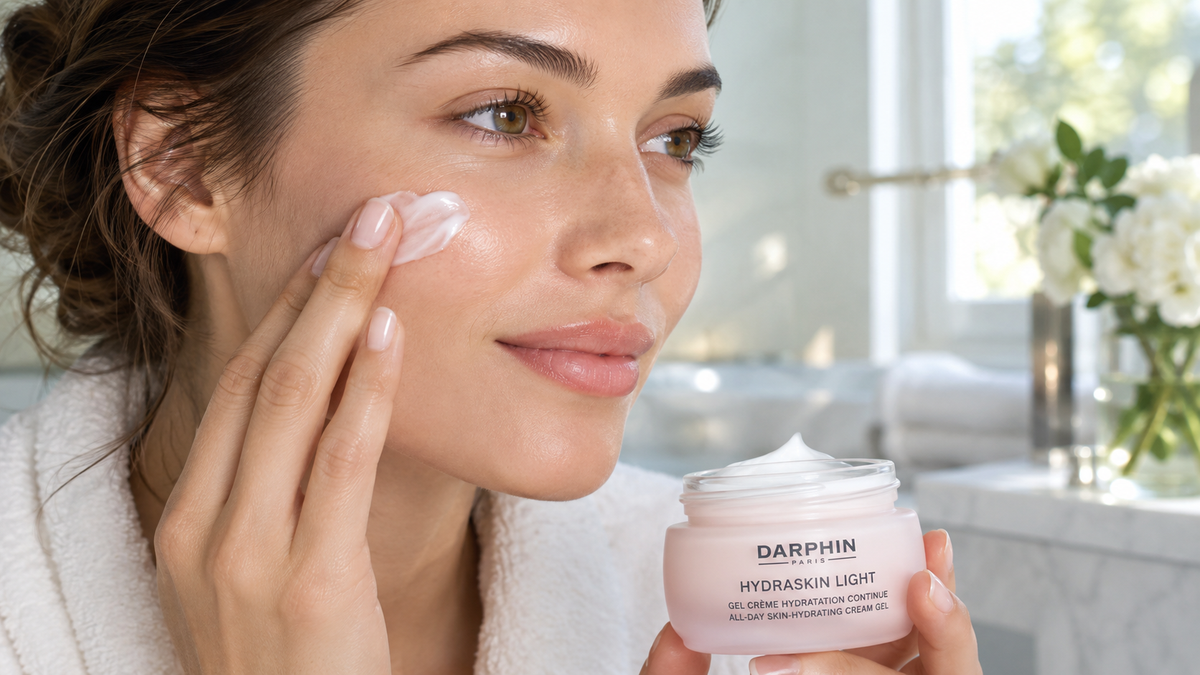 Hand applying a small amount of moisturizer to the face, with a jar of Darphin cream visible, in a softly lit bathroom.
