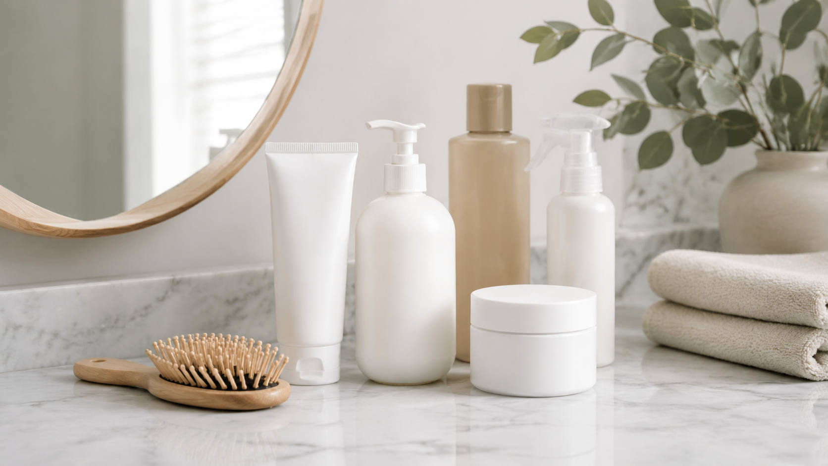 Minimalist hair care products and a wooden brush arranged on a marble vanity