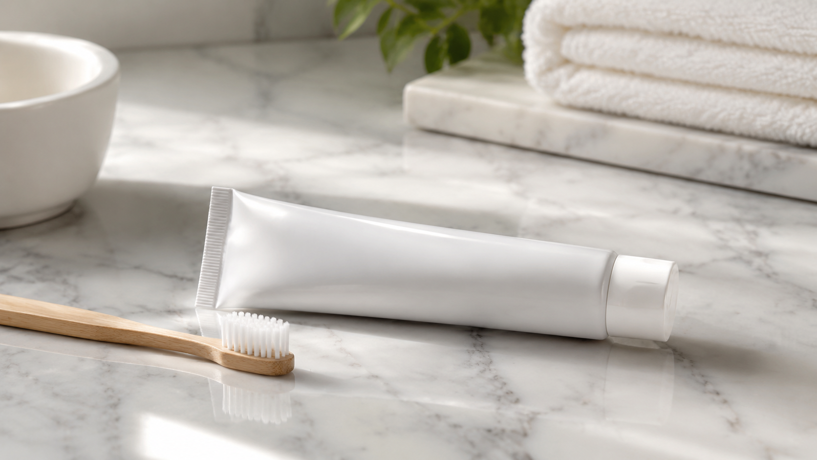 Glister toothpaste tube on a marble counter
