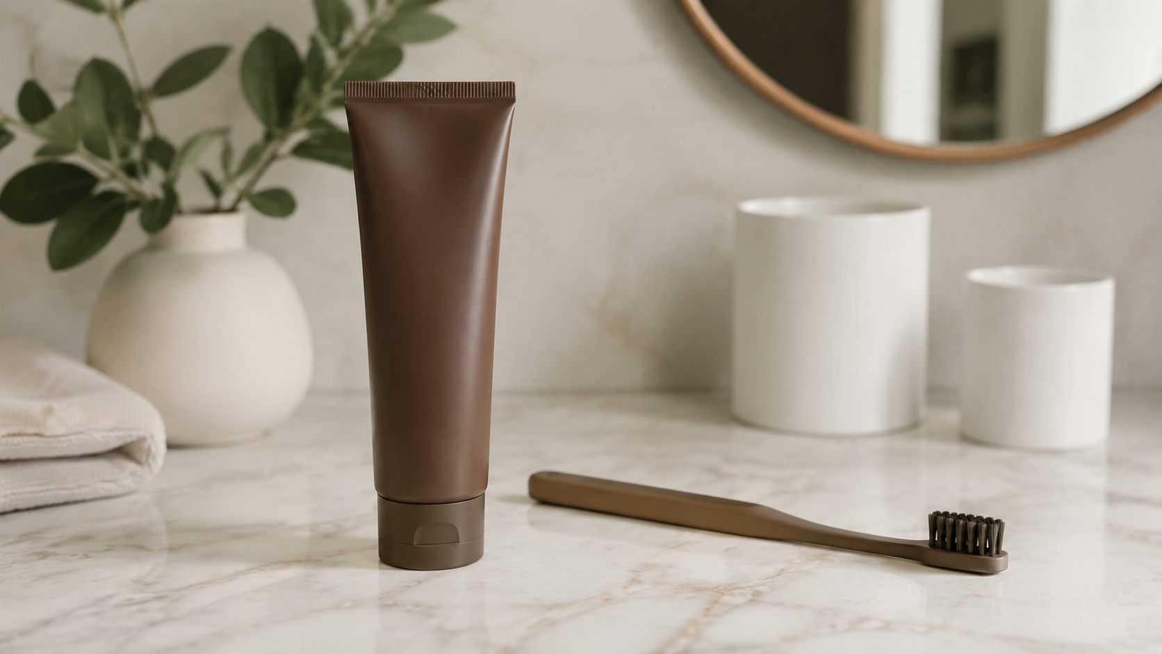 Theodent chocolate toothpaste tube on a marble vanity next to a toothbrush