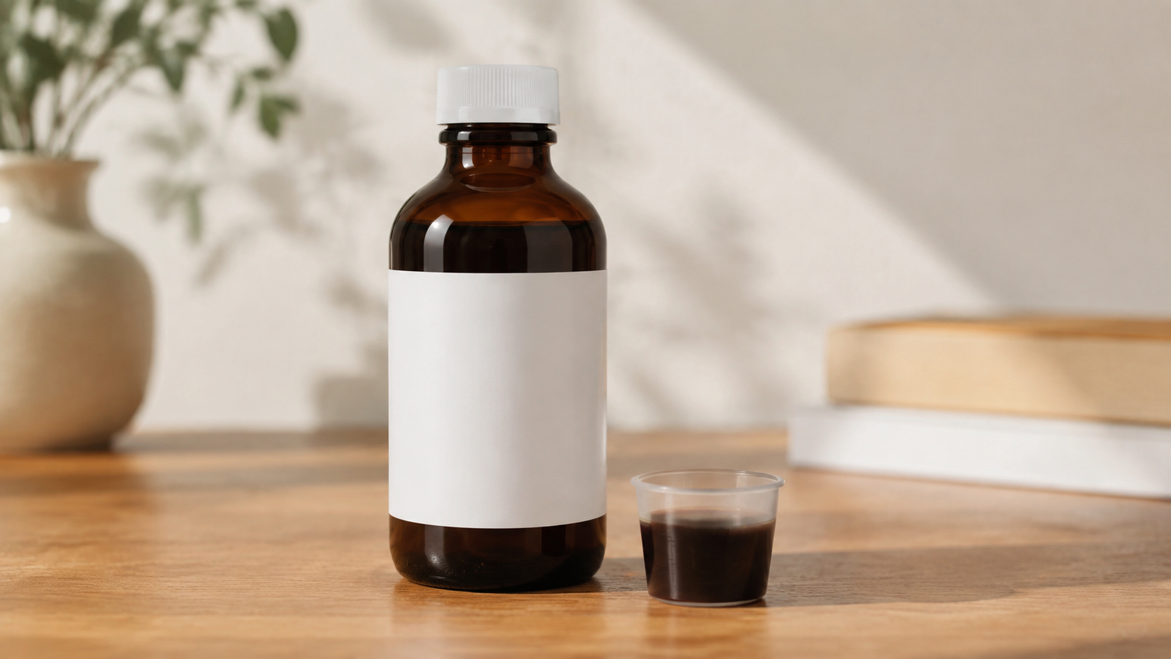 Brown glass bottle and small measuring cup filled with dark liquid supplement on a wooden counter