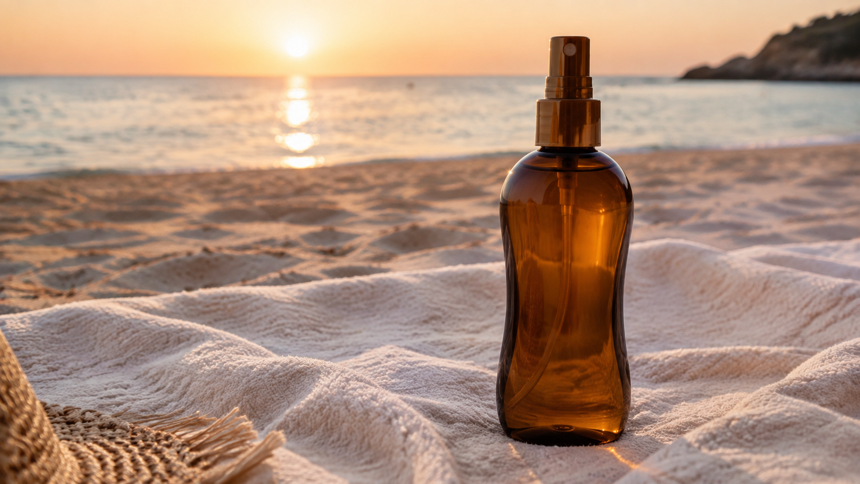 Carroten tanning oil bottle on a beach towel at sunset