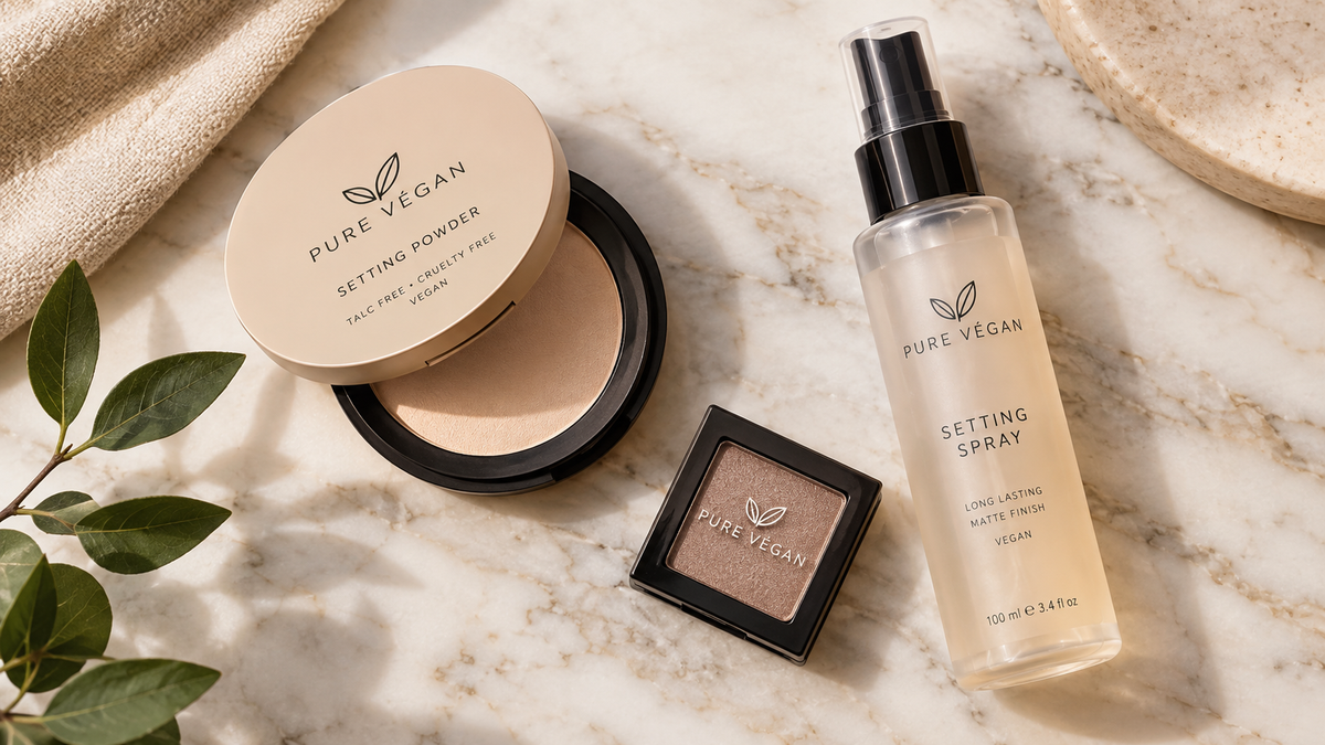 Cruelty-free and vegan makeup flat lay with setting powder and eyeshadow