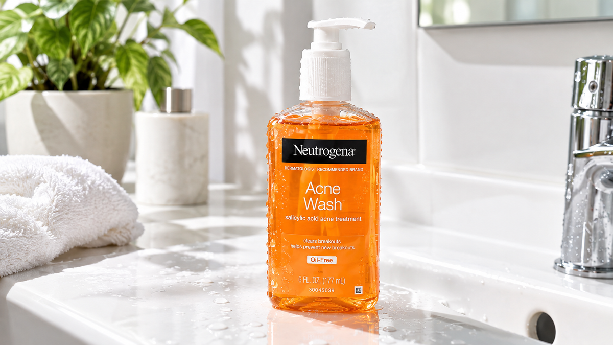 Neutrogena acne wash bottle on bathroom sink