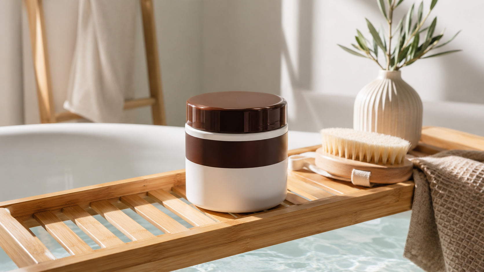 Brown tub of Karseell hair mask resting on a wooden bath caddy