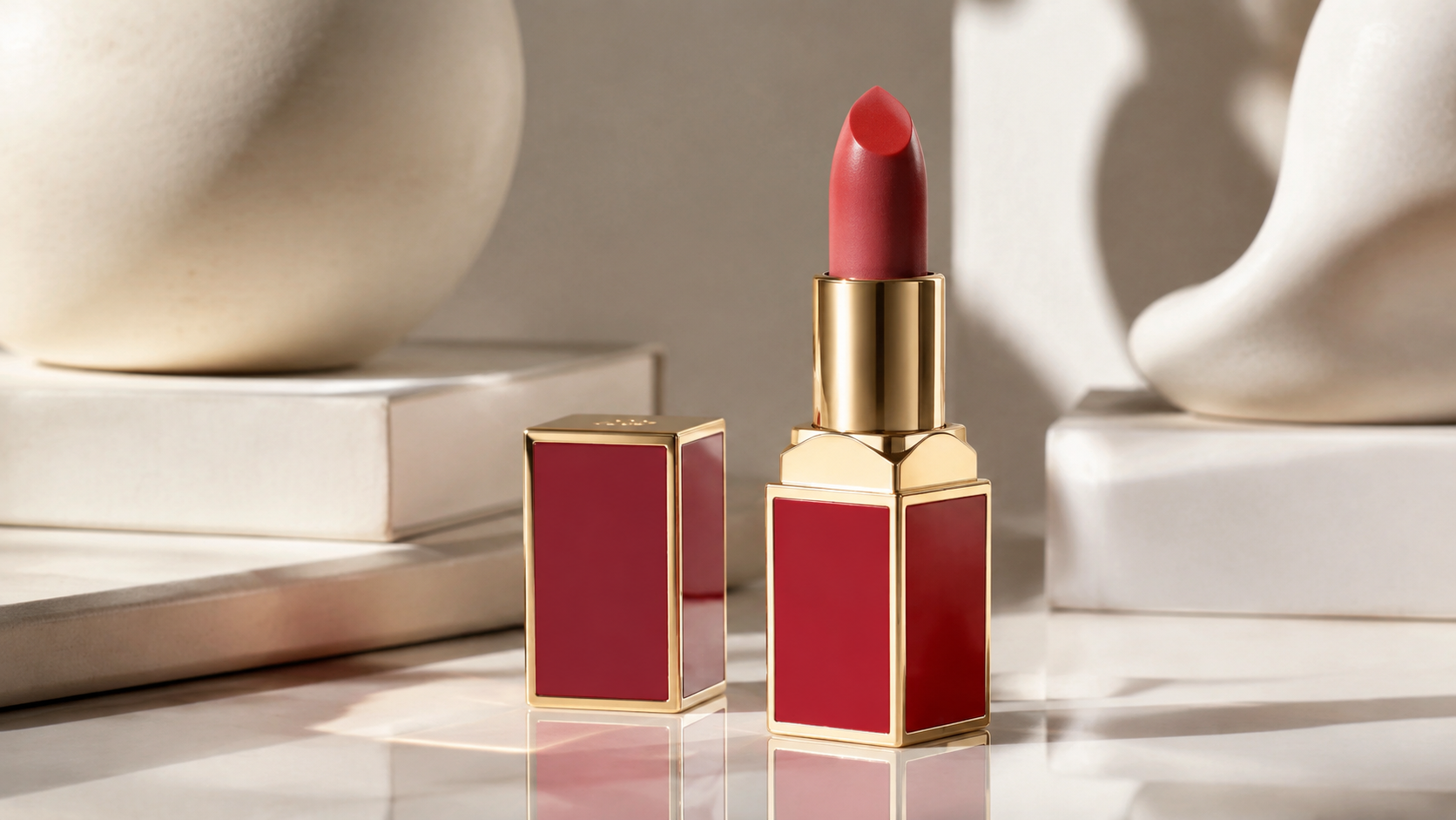Close-up of a Valentino lipstick in a red and gold case on a reflective surface.