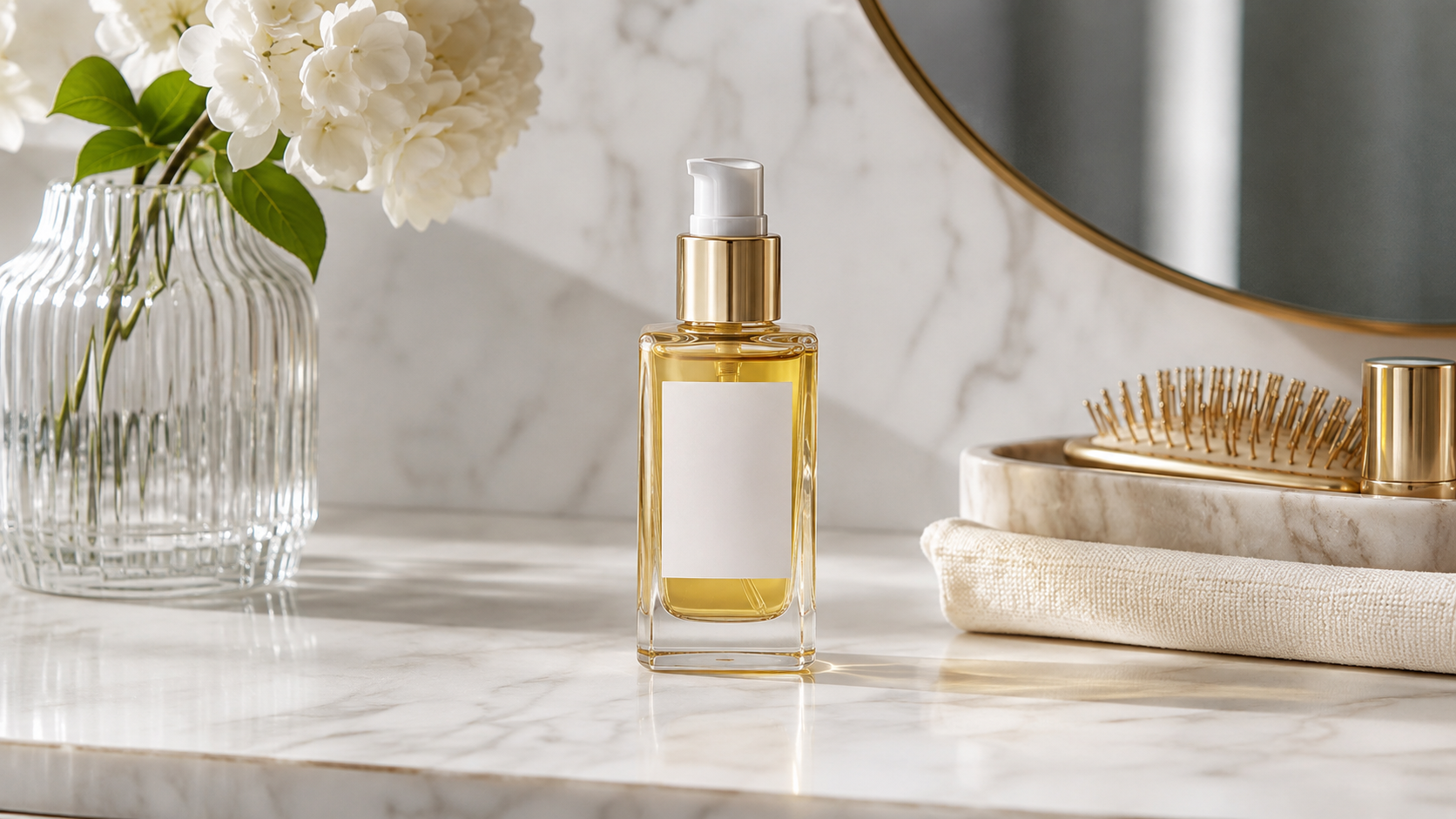 Bottle of golden hair serum sitting on a bright marble vanity