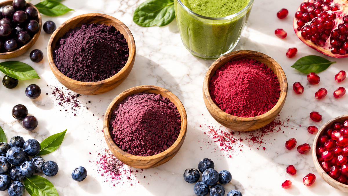 Superfruit powders and fresh berries flat lay on marble counter