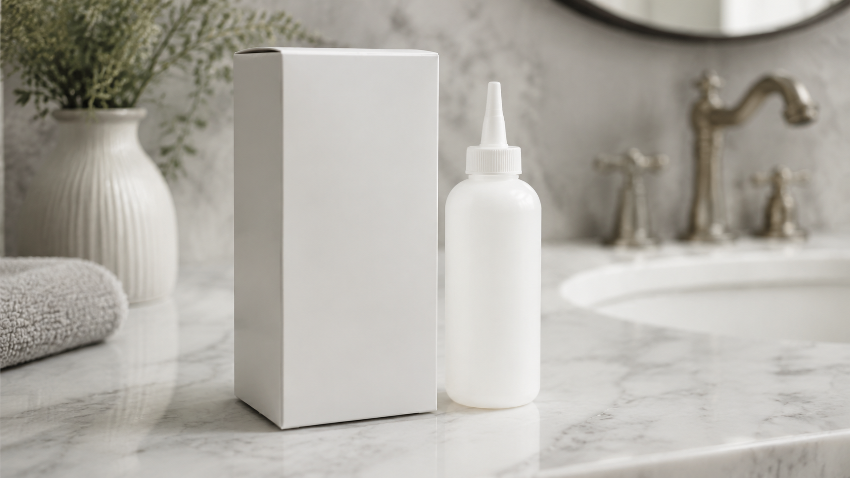 L'Oreal Excellence Creme hair color box and developer bottle resting on a marble bathroom counter