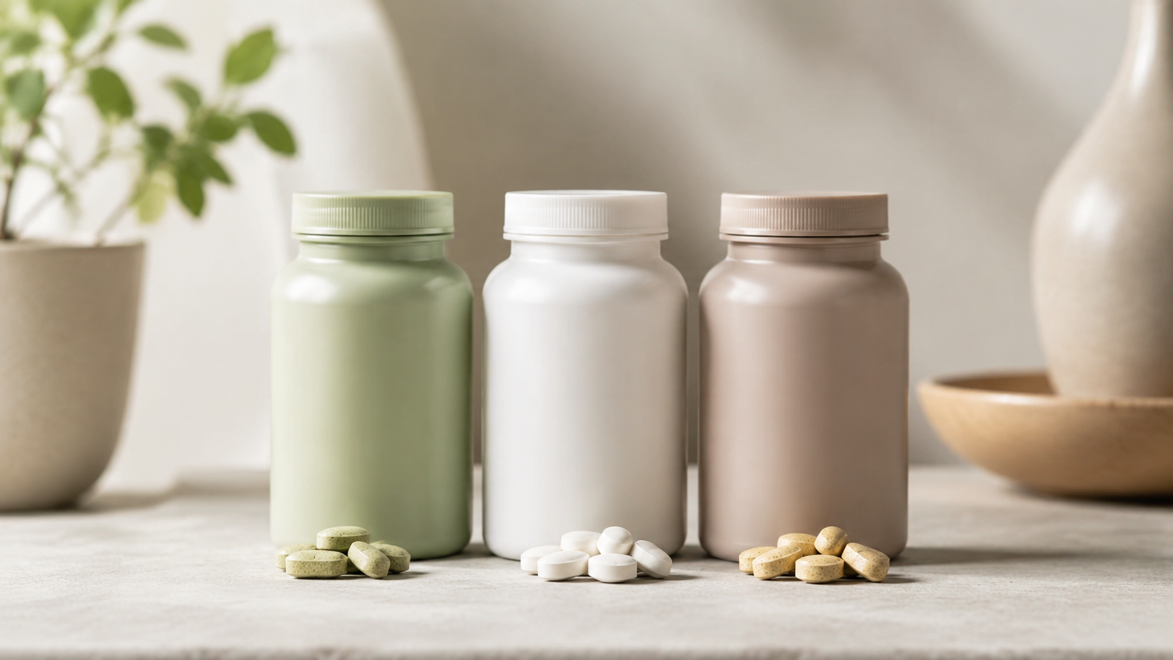 Three different colored Nutrilite tablets on a counter