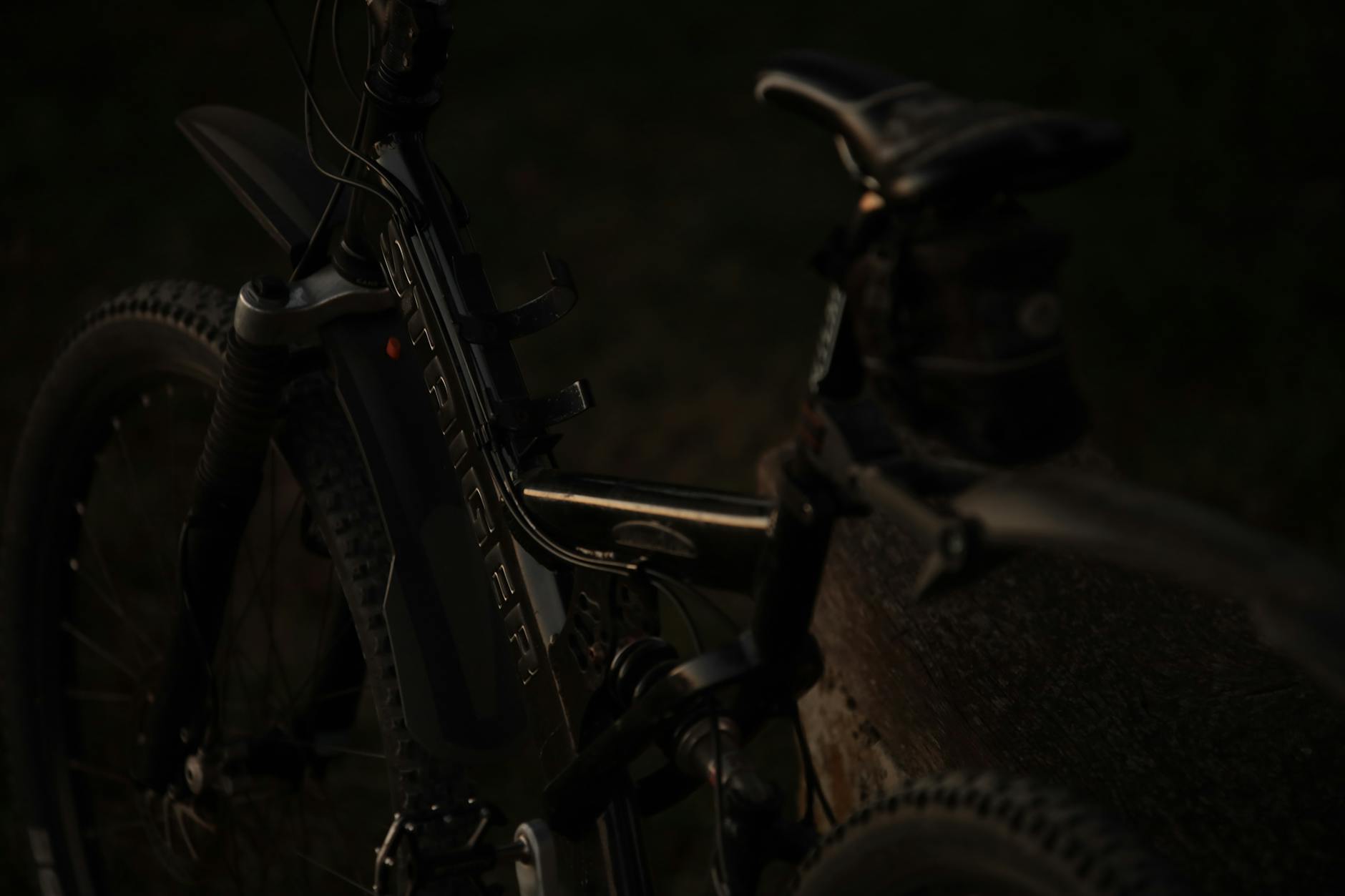Close-up of a vintage bicycle with focused details on the frame and gear in moody lighting.