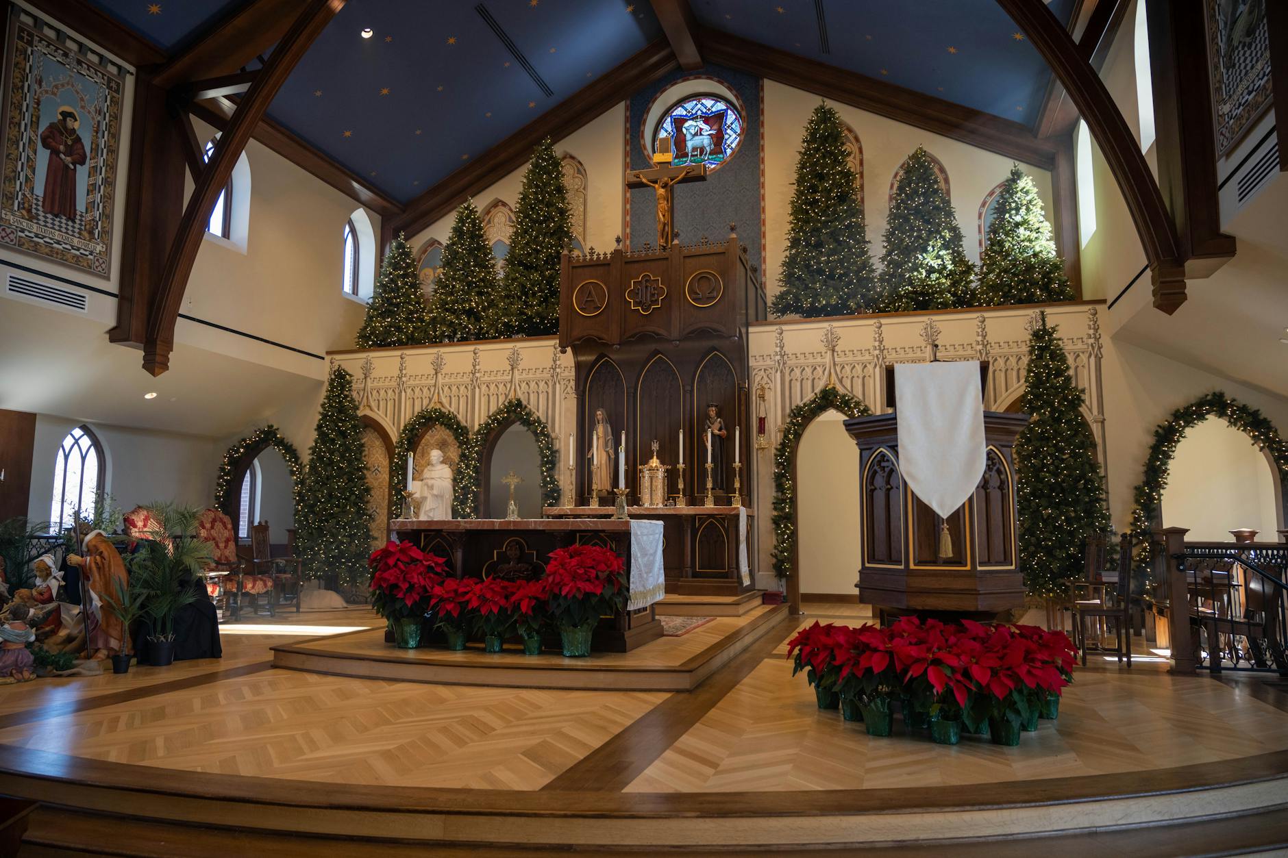 Christmas decorations inside St Thomas More Church, Norman, Oklahoma.