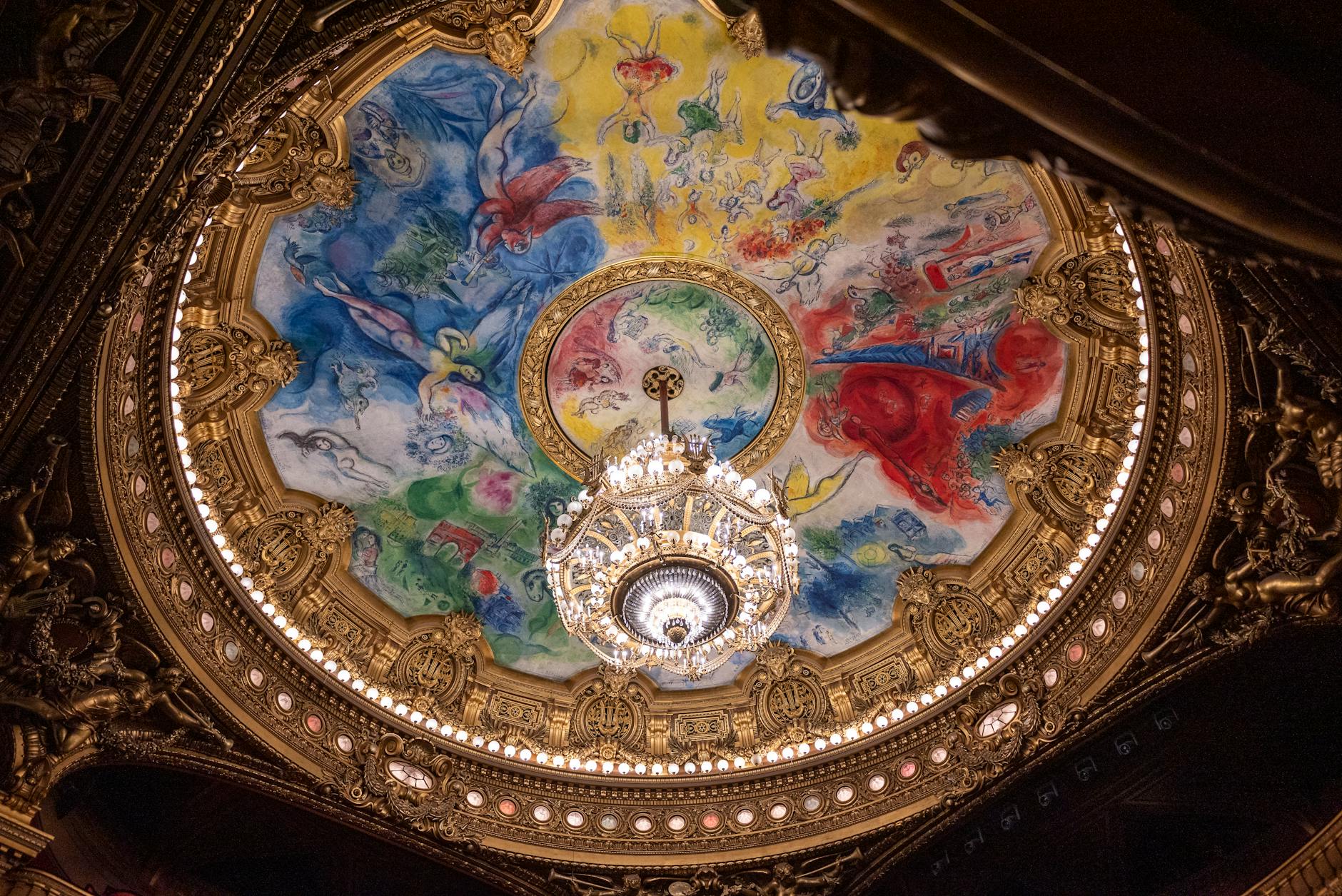 Exquisite fresco and chandelier at Palais Garnier in Paris, showcasing Neo-Baroque architecture and Chagall art.