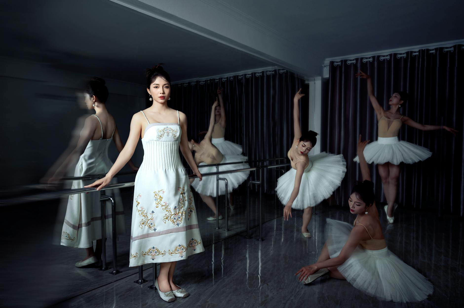 A group of ballerinas gracefully practicing in a dance studio in Hanoi, Vietnam.