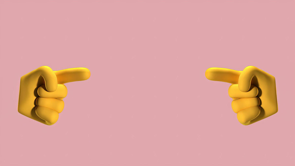 Bright yellow 3D hands pointing towards each other on a pink background, ideal for conceptual designs.
