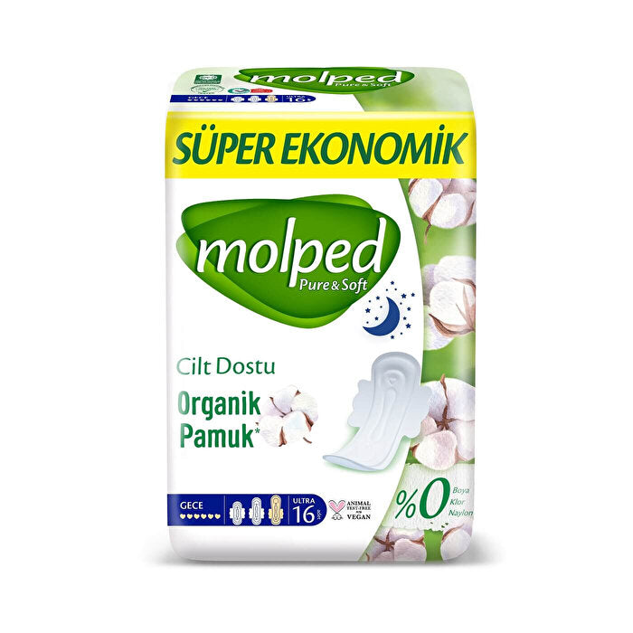 Molped Pure & Soft Super Eco Night Pads - 16 Count | Organic Cotton - Hygiene Products