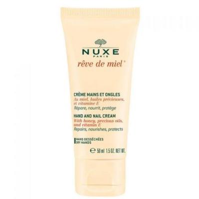 nuxe reve de miel hand and nail cream packaging, nuxe hand and nail cream in use, nuxe hand cream close up Nuxe Reve De Miel Hand & Nail Cream - Nourishing Formula | 50 ml Nuxe Reve De Miel Hand & Nail Cream | 50 ml nuxe, hand-cream, nail-care, moisturizer, natural-ingredients, anti-aging, dry-skin-care, beauty-product, luxury-skincare, ai-generated