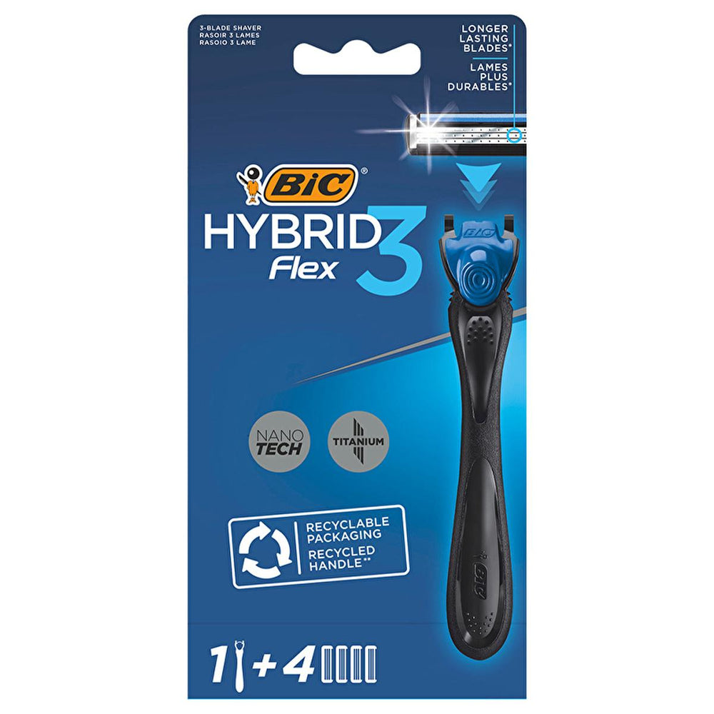 Bic Flex3 Hybrid Razor with Titanium Blades - Ergonomic Handle, Recyclable, Sensitive Skin Shaving - Hygiene Products