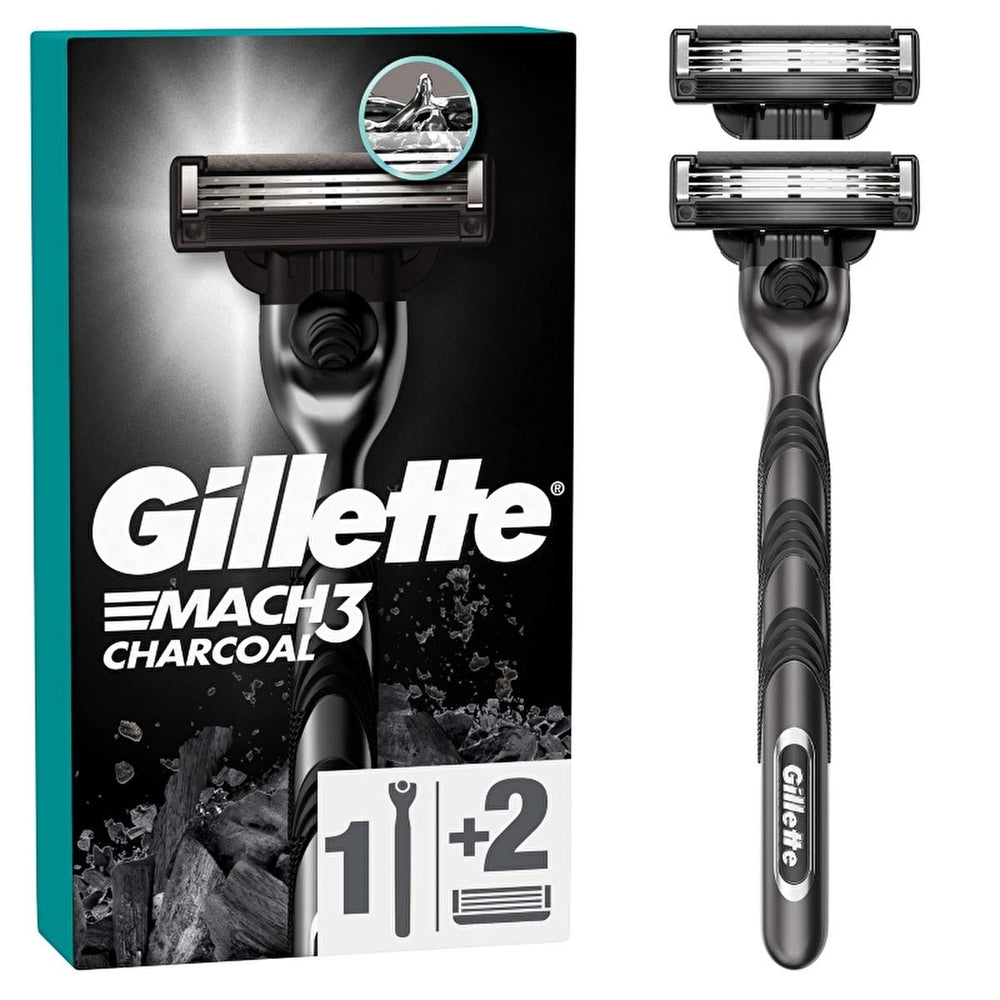 Gillette Mach3 Charcoal Razor Shaving Kit for Men - 3 Steel Blades, Microfine Protectors, Smooth Shave - Hygiene Products