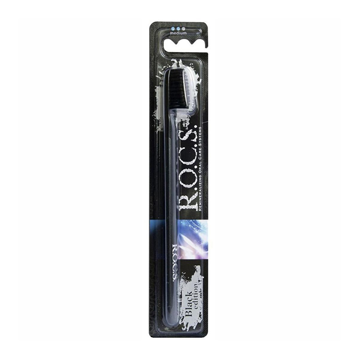 rocs black edition toothbrush front view, rocs black edition toothbrush side view, rocs black edition toothbrush bristles close-up Rocs Black Edition Toothbrush - Medium Soft Bristles for Adults and Teens Rocs Black Edition Toothbrush - Medium rocs, toothbrush, oral-care, black-edition, medium-bristles, adults, teens, whitening, gentle, ai-generated