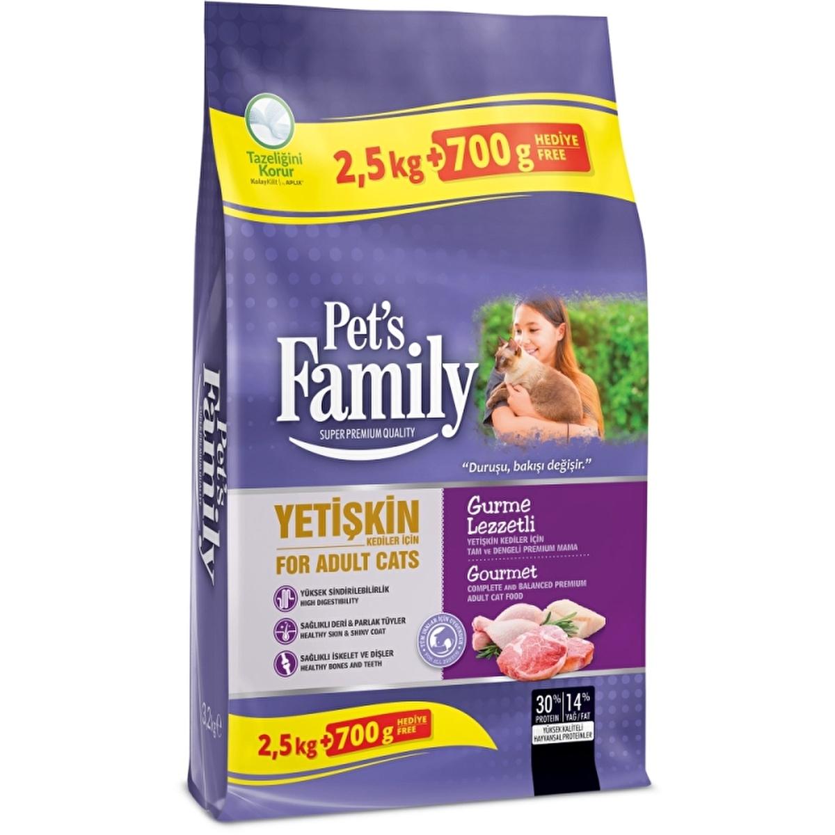 Pet's Family Gurme Adult Cat Food - Balanced Nutrition with Taurine, 2500 gr + 700 gr Pet's Family Gurme Adult Cat Food - Balanced with Taurine adult cat food, grain-inclusive cat food, cat nutrition with taurine, balanced diet for cats, Pet's Family Gurme cat food, high-quality cat food, cat food with dried animal protein, nutritious cat food, cat health, heart health for cats, long-term cat food value