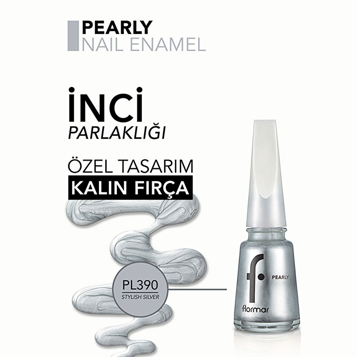 Flormar Pearly Intensive Pigmented Nail Polish PL390 Stylish Silver - 0.5 fl oz | High Shine - Image #2