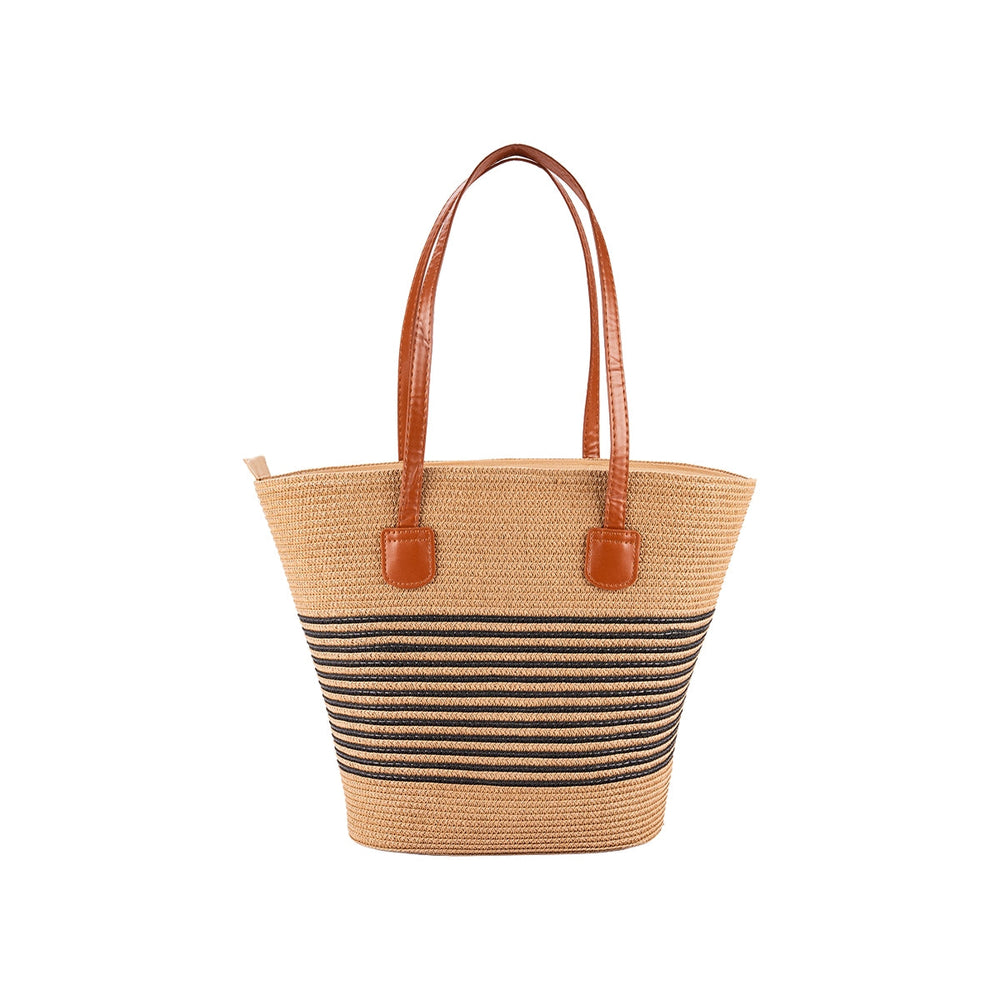 Beauty House Woven Straw Tote Bag in Camel and Black
