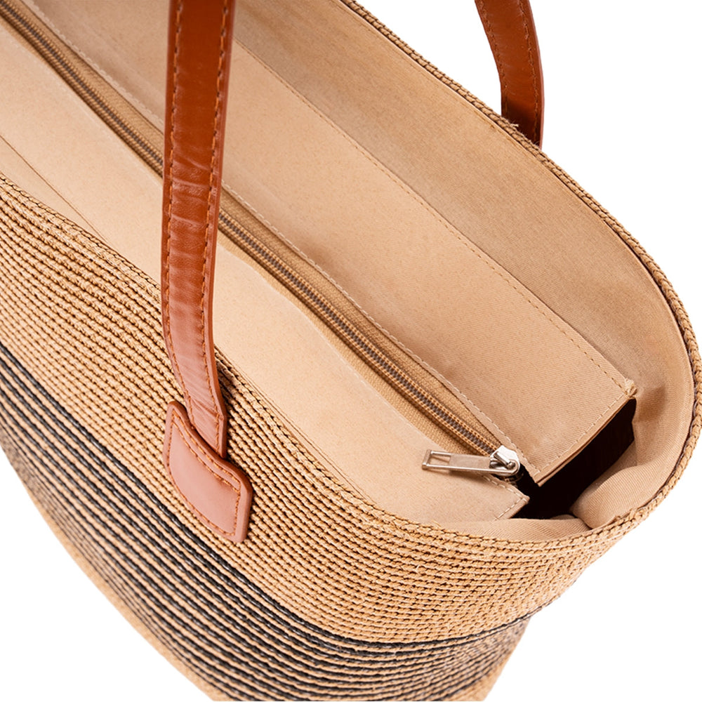 Beauty House Woven Straw Tote Bag in Camel and Black