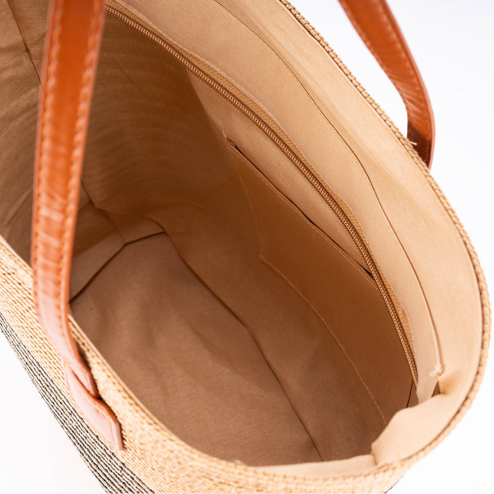 Beauty House Woven Straw Tote Bag in Camel and Black