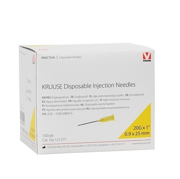 Kruuse Sterile Injection Needles 20G 0.9x25mm Yellow 100 Count