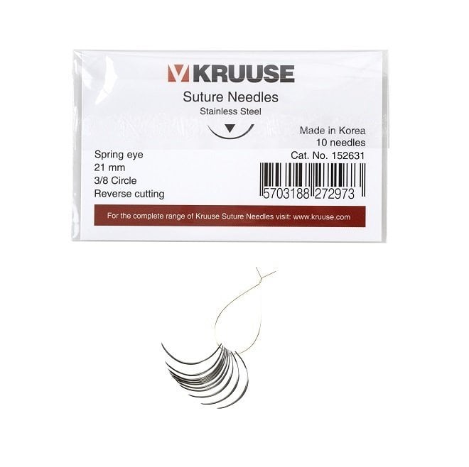 Kruuse Spring Eye Suture Needle 3/8 Reverse Cutting 21mm 10pk