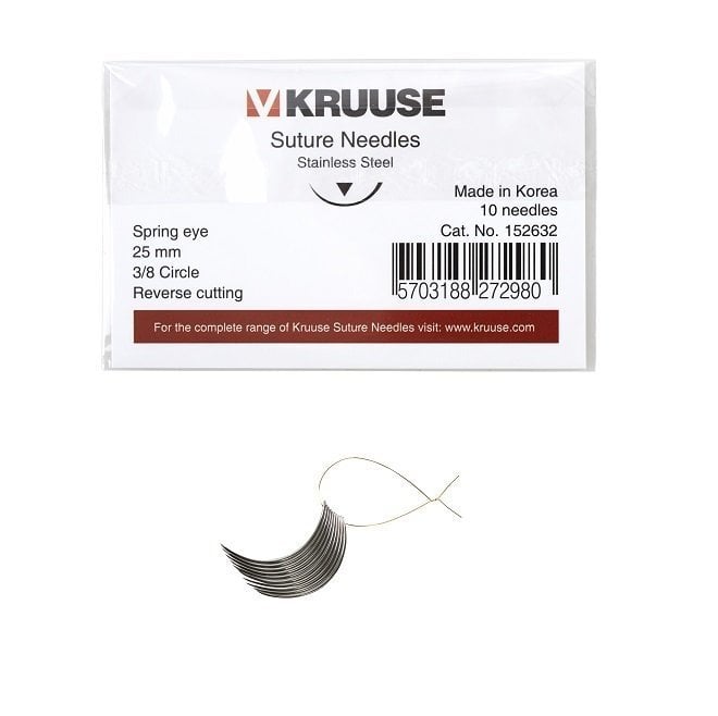 Kruuse Spring Eye Suture Needles 3/8 Reverse Cutting 25mm 10pk