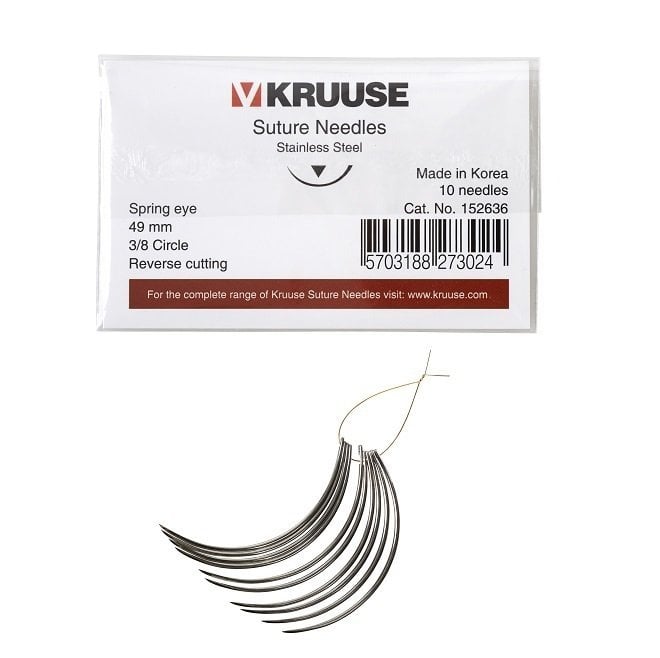 Kruuse Spring Suture Needle 3/8 Reverse Cutting 49mm 10 Pack