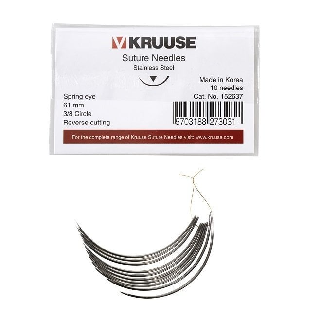Kruuse Suture Needle Spring 3/8 Reverse Cutting 61mm 10 Pack