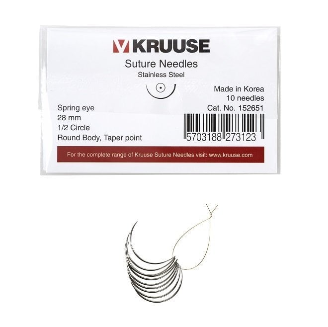 Kruuse Spring Suture Needles 1/2 Circle Round Body 28mm 10 Count