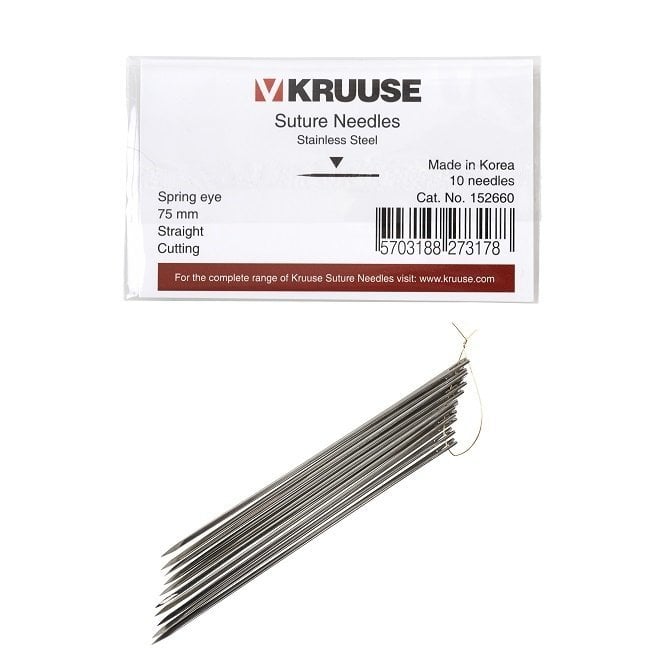 Kruuse Spring Eye Suture Needles Straight Sharp 75mm 10 Count