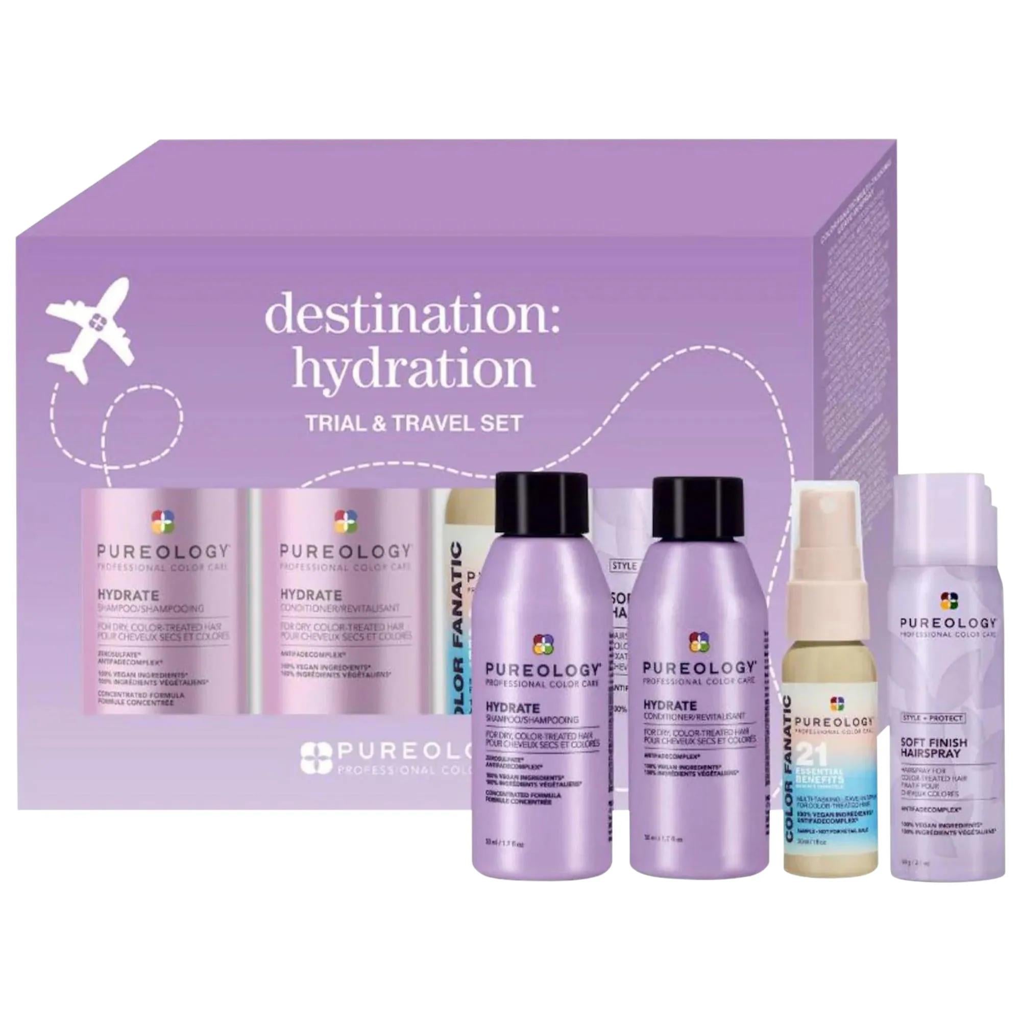 Moroccanoil Mini On-The-Go Hydrate Hair Kit - Travel Size Hair Care Set for All Hair Types with Hydrating Shampoo, Conditioner, Leave-In Treatment &amp; Hairspray Mini Hydrate Hair Kit - Travel Size Hair Care by Moroccanoil travel hair care kit, hydrating shampoo and conditioner, color safe hair products, heat protectant leave-in conditioner, soft finish hairspray, travel-size hair care, moisturizing hair products, hair care set, mini hair kit, on-the-go hair care, Moroccanoil, hair care for all types, hydratio