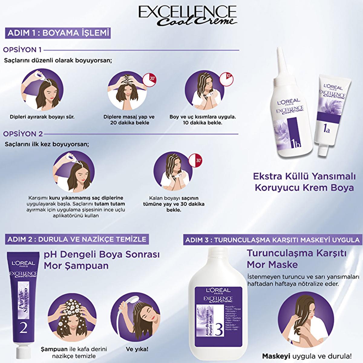 loreal-paris-excellence-cool-creme-hair-color-3.11, loreal-hair-color-product-image, purple-shampoo-and-mask-set L'Oreal Paris Excellence Cool Creme Hair Color - 3.11 Extra Ashy Dark Brown | Long-Lasting Color for Women L'Oreal Paris Excellence Cool Creme Hair Color 3.11 loreal-paris, hair-color, ash-brown, long-lasting, purple-shampoo, hair-care, women, adults, cool-color, ai-generated