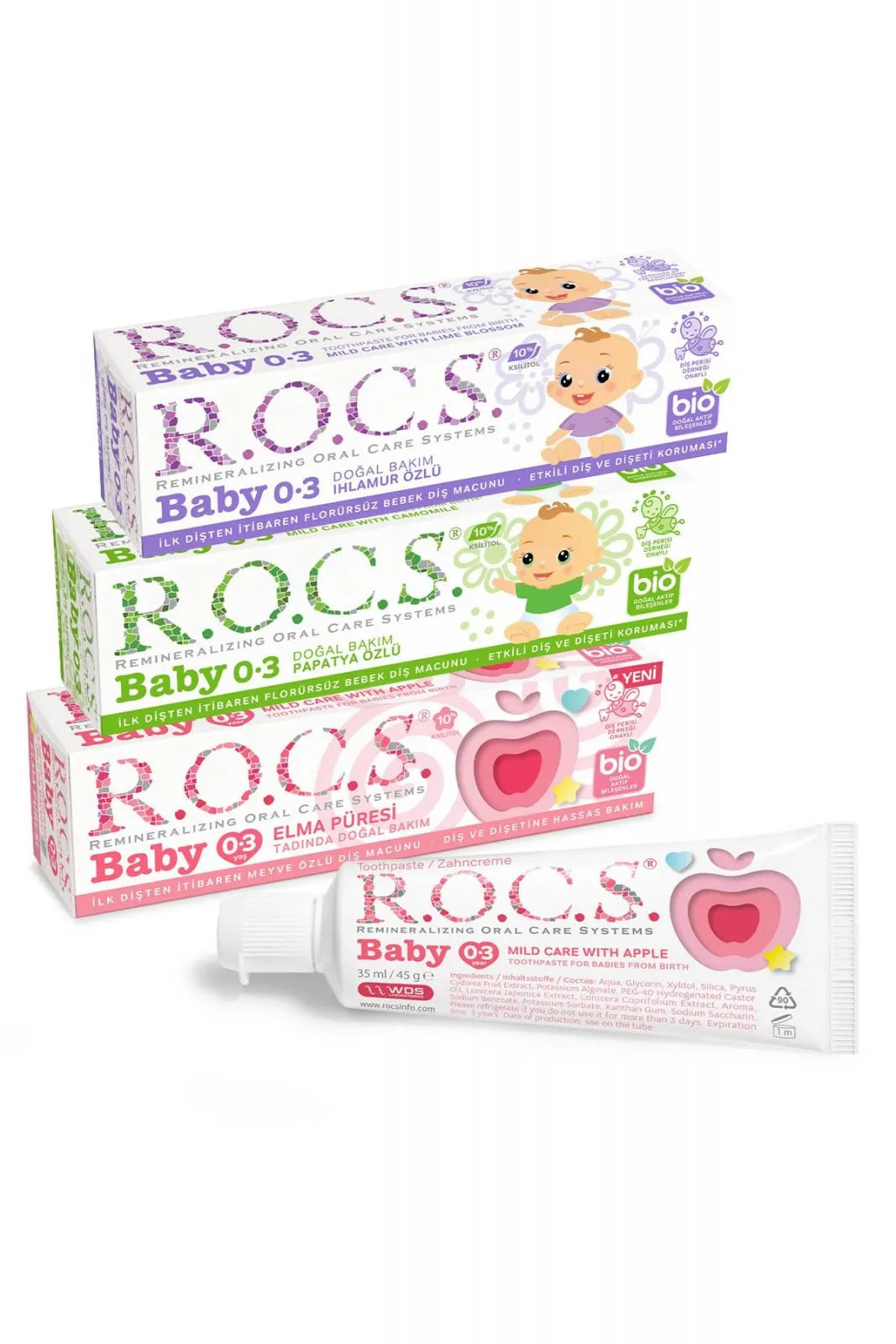 ROCS Baby 0-3 Years Toothpaste Fluoride Free (Swallowable) Mixed Set – 35ml (3 Pieces)