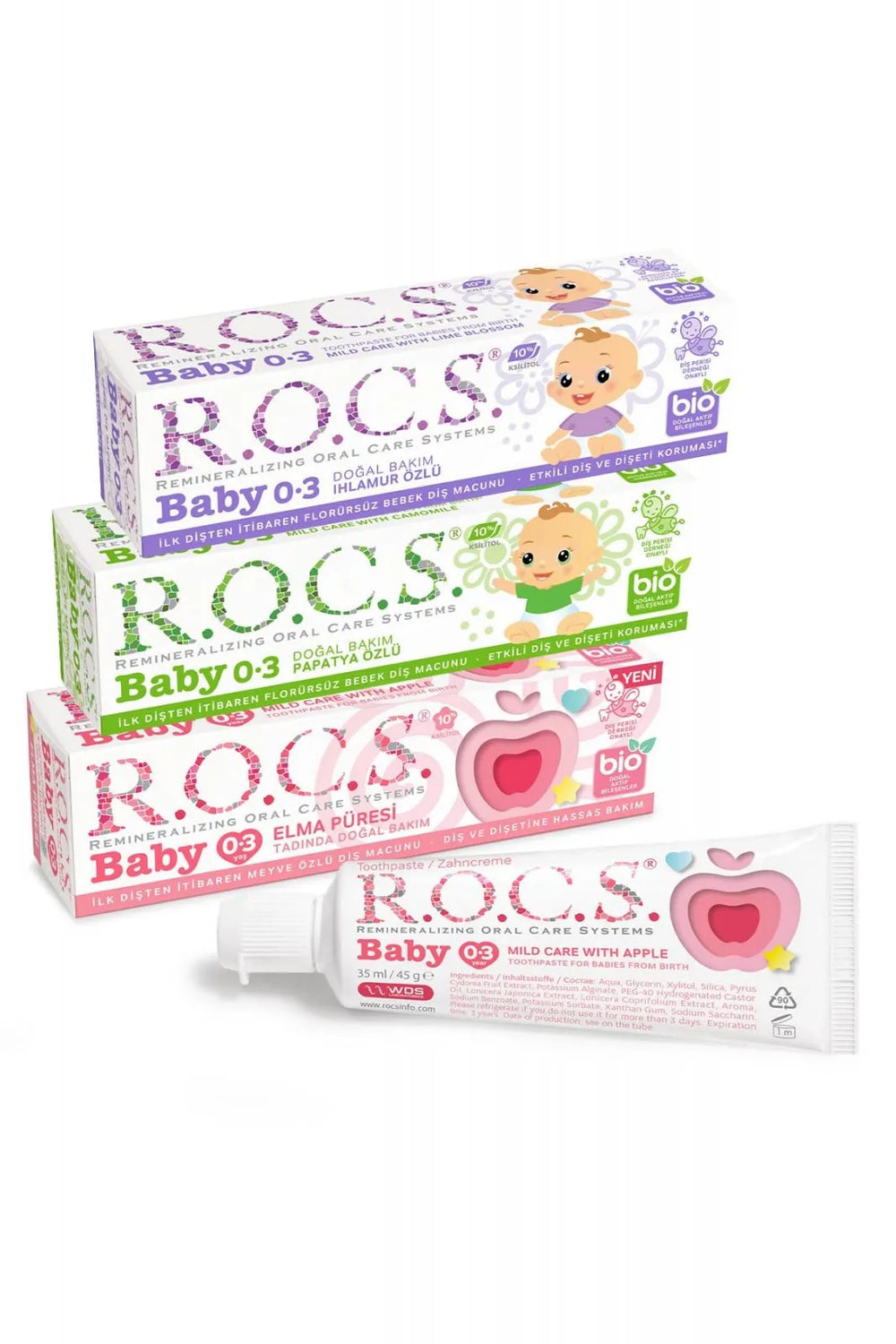 ROCS Baby 0-3 Years Toothpaste Fluoride Free (Swallowable) Mixed Set – 35ml (3 Pieces) - Tooth Paste