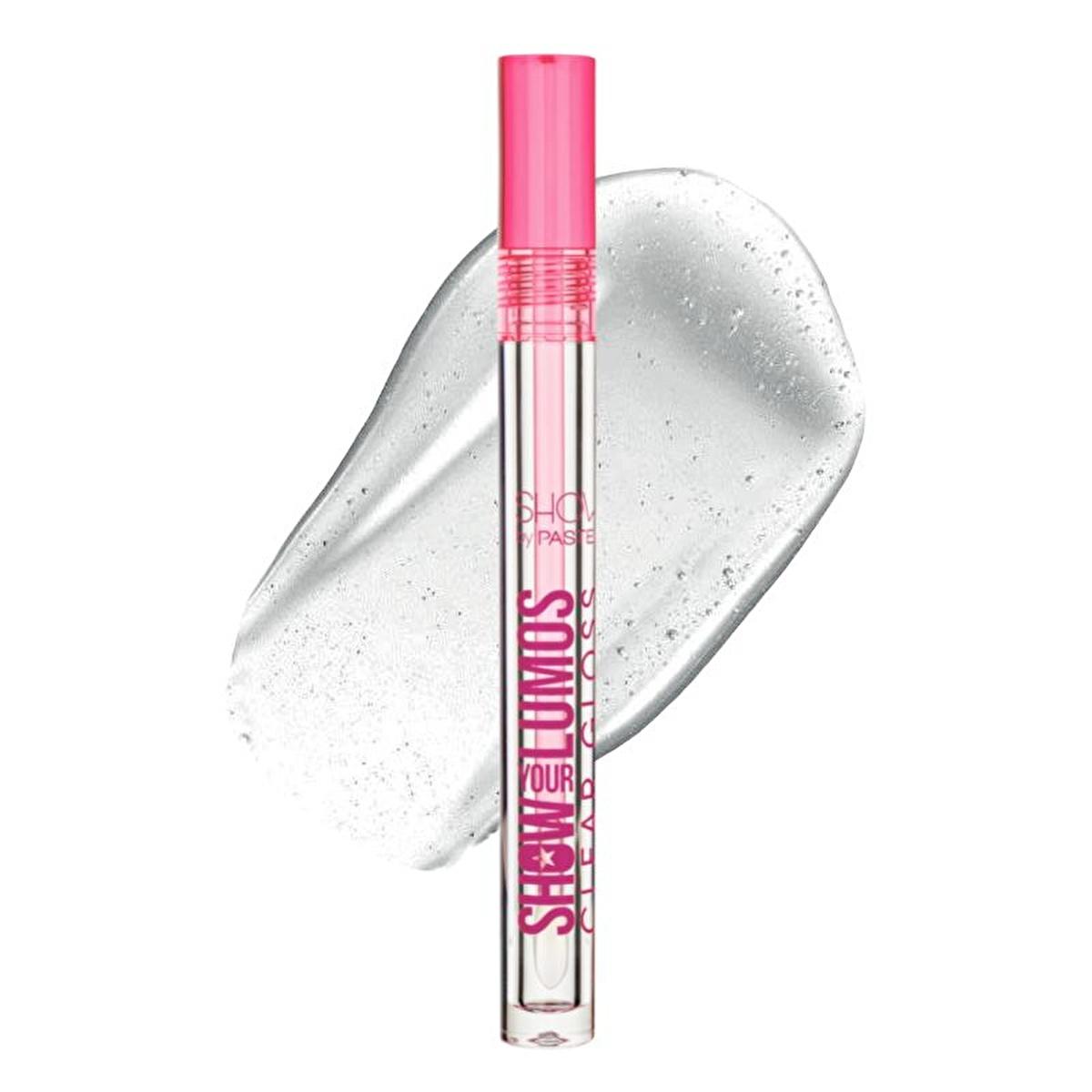 pastel show your lumos clear gloss, close-up of pastel clear gloss applicator, swatch of show your lumos clear gloss, model wearing pastel show your lumos gloss Pastel Show Your Lumos Clear Gloss - Natural Shine | 0.07 fl oz Pastel Show Your Lumos Clear Gloss - Vegan & Cruelty-Free lip-gloss, clear-gloss, vegan-cosmetics, cruelty-free, shiny-lips, hydrating-lip-gloss, easy-application, makeup, vegan, ai-generated