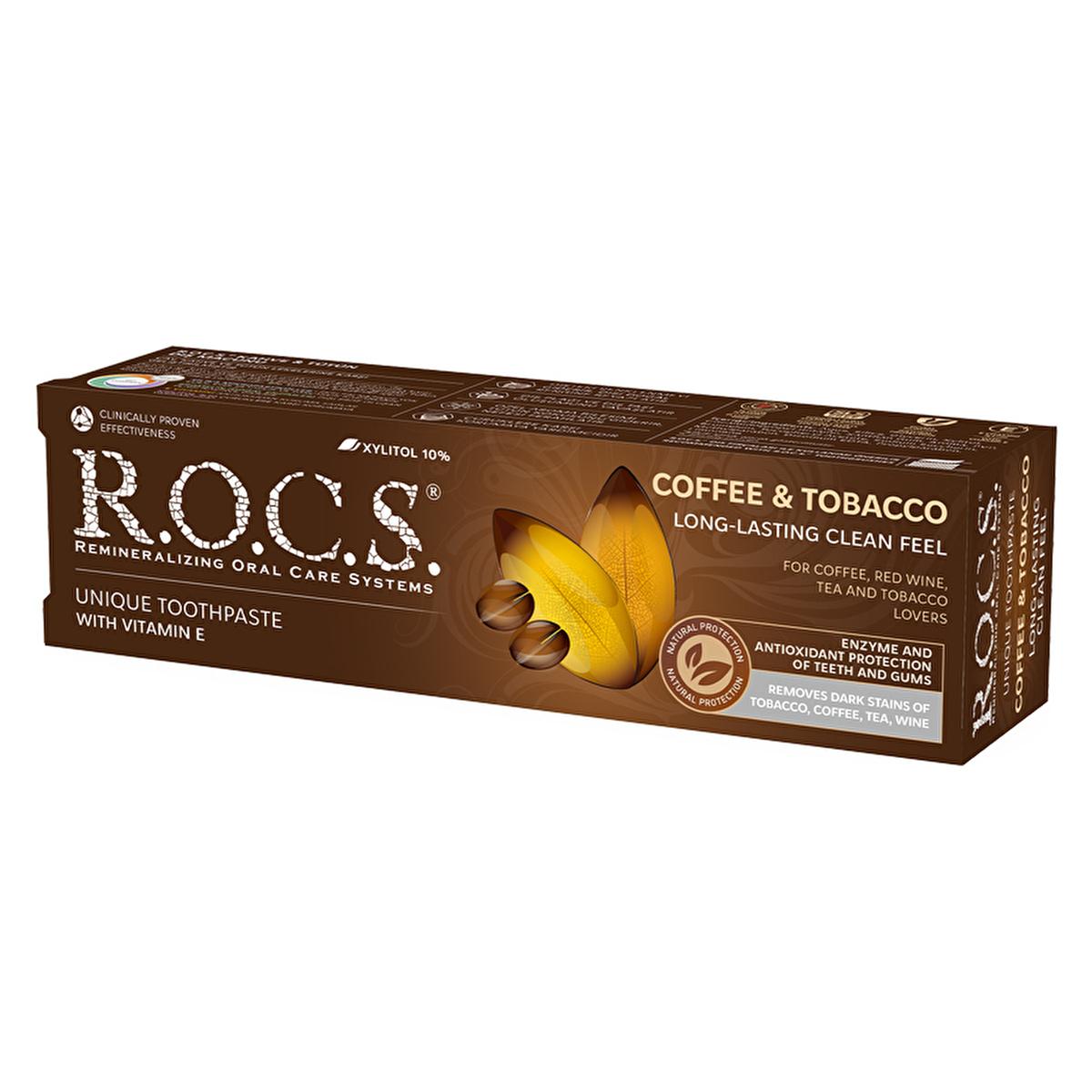 rocs coffee tobacco stain repair toothpaste 74g, close up of rocs toothpaste tube, rocs toothpaste for smokers and coffee drinkers Rocs Coffee & Tobacco Stain Repair Toothpaste - 74g for Smokers & Stain Removal Rocs Toothpaste for Stained Teeth - 74g rocs, toothpaste, stain-repair, coffee-drinkers, tobacco-smokers, oral-care, whitening, healthy-teeth, dental-care, ai-generated