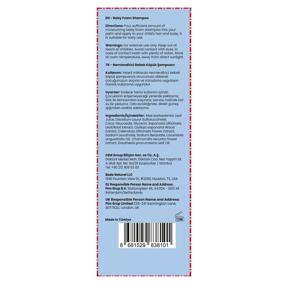 Bade Natural 100% Natural Baby Hair & Body Foam Shampoo 100 ml