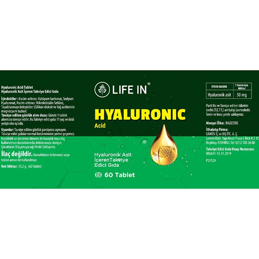 Life In Hyaluronic Acid Dietary Supplement for Skin Support 60 Tablets