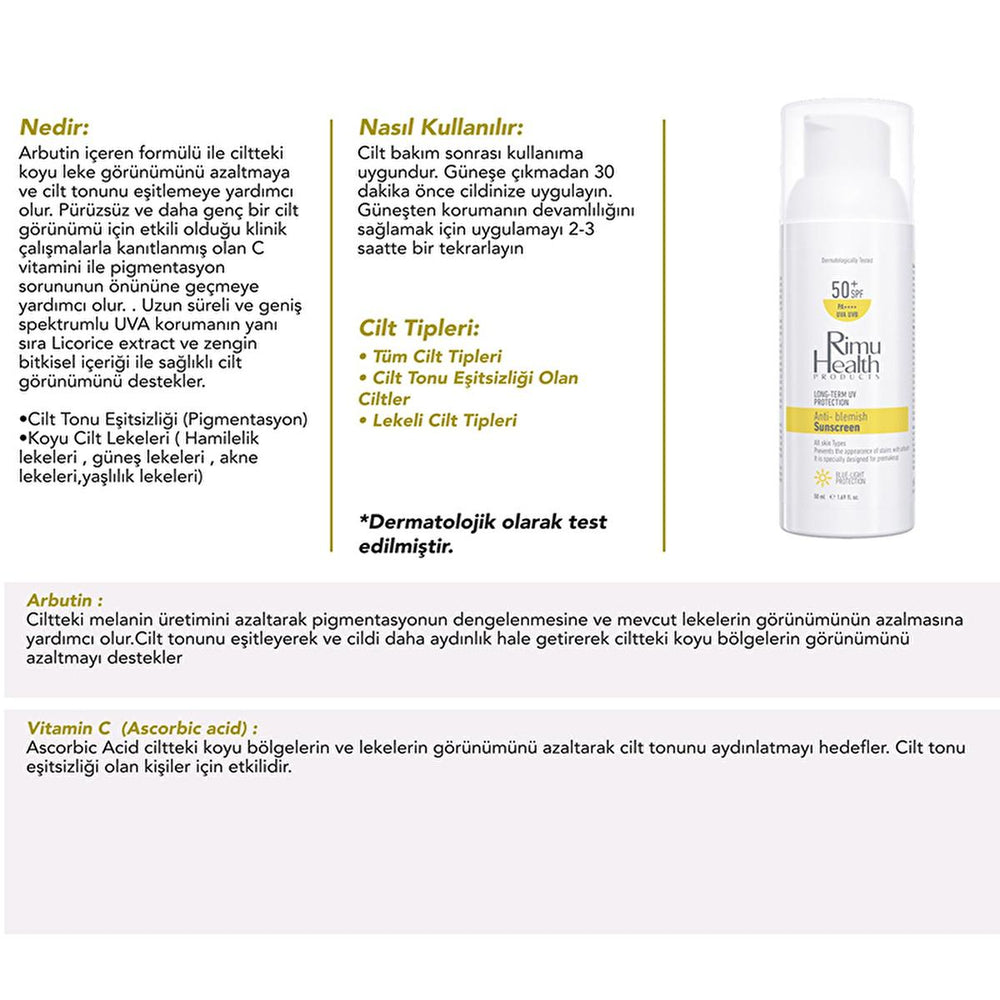 Rimu Health Arbutin & Vitamin C Sunscreen: Even Skin Tone, Reduce Dark Spots & UVA Protection - 50ml Rimu Health Sunscreen: Reduce Dark Spots & Even Skin Tone sunscreen, sunscreen for dark spots, skin tone evening sunscreen, arbutin sunscreen, vitamin C sunscreen, UVA protection sunscreen, hyperpigmentation sunscreen, lekeli ciltler için güneş kremi, cilt tonu eşitleyici güneş kremi, güneş kremi, sun protection, dark spot treatment, hyperpigmentation, arbutin, vitamin C, skincare, licorice extract, hyaluron