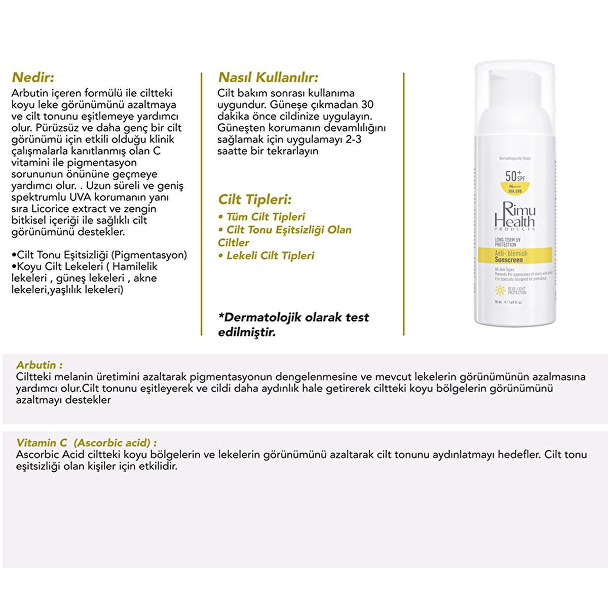 Rimu Health Arbutin & Vitamin C Sunscreen: Even Skin Tone, Reduce Dark Spots & UVA Protection - 50ml Rimu Health Sunscreen: Reduce Dark Spots & Even Skin Tone sunscreen, sunscreen for dark spots, skin tone evening sunscreen, arbutin sunscreen, vitamin C sunscreen, UVA protection sunscreen, hyperpigmentation sunscreen, lekeli ciltler için güneş kremi, cilt tonu eşitleyici güneş kremi, güneş kremi, sun protection, dark spot treatment, hyperpigmentation, arbutin, vitamin C, skincare, licorice extract, hyaluron