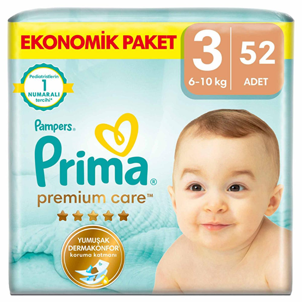 Prima Baby Diapers Premium Care Size 3 - 52 Count Midi Jumbo Pack for Sensitive Skin - Baby Care