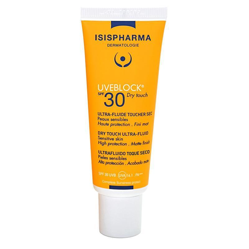 isispharma uveblock spf30 dry touch ultra-fluid bottle, application of isispharma uveblock sunscreen on skin ISISPHARMA Uveblock SPF30 Dry Touch Ultra-Fluid | 40 ml ISISPHARMA Uveblock SPF30 Dry Touch | 40 ml spf30, sunscreen, oil-free, dry-touch, ultra-fluid, combination-skin, oily-skin, skincare, uv-protection, ai-generated