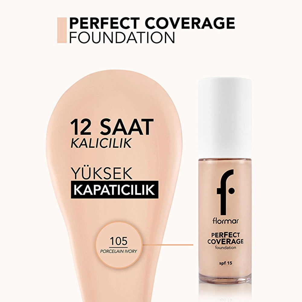 Flormar Perfect Coverage Foundation 105 Porcelain Ivory: Flawless Finish, 12-Hour Wear, and SPF 15 Protection Flormar Foundation: Perfect Coverage, Long Lasting & SPF 15 full coverage foundation, long lasting foundation, foundation with almond oil, foundation with SPF, makeup for all skin types, Flormar foundation, flawless finish foundation, porcelain ivory foundation, 12 hour foundation, liquid foundation, makeup, cosmetics, beauty, skincare, almond oil, olive oil, SPF 15, even skin tone, blemish coverage