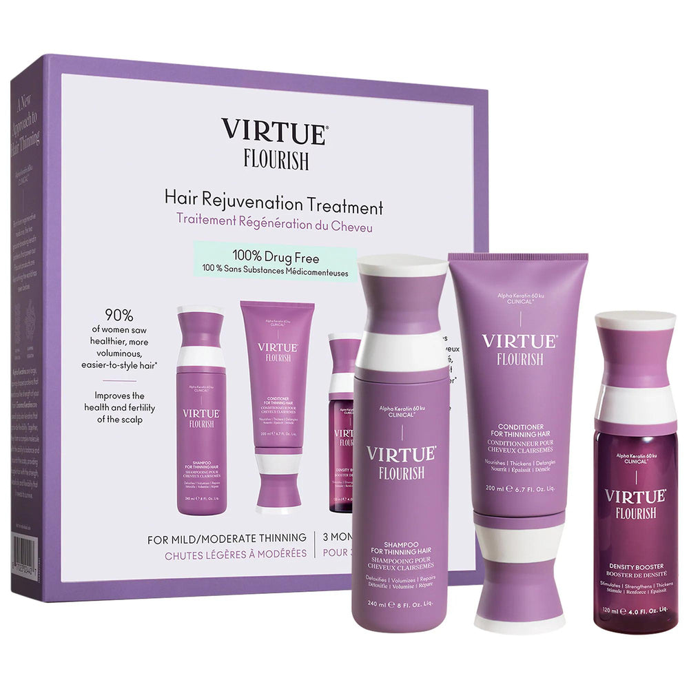 Flourish Hair Rejuvenation Treatment Set: Drug-Free Solution for Thinning Hair, Promotes Growth & Density - Vegan & Cruelty-Free Flourish: Drug-Free Hair Thinning Treatment for Growth & Density hair thinning treatment, hair loss products, drug-free hair growth, botanical hair treatment, shampoo for thinning hair, conditioner for hair loss, density booster for hair, vegan hair care, cruelty-free hair products, postpartum hair loss treatment, hair rejuvenation, hair growth, thinning hair, fine hair, hair loss